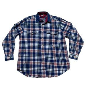 Tommy Hilfiger Flannel Shirt Mens Small Blue Plaid Denim Collar Long Sleeve